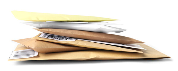 Stack of different paper envelopes isolated on white. Post office