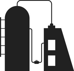 Graphic of a refinery system showing storage tanks connected by pipes with hydraulic valves to a building, symbolizing a chemical processing facility.