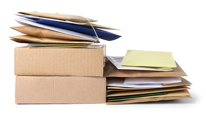 Different paper envelopes and parcels isolated on white. Post office
