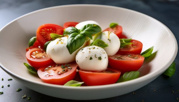 a white bowl filled with a caprese salad consisting of sliced tomatoes whole mozzarella cheese balls and fresh basil leaves garnished with chopped herbs - Powered by Adobe