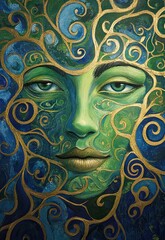 A green and blue painting of the face of Buddha, with gold swirls around it