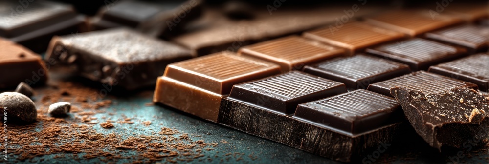 Poster macro view of broken chocolate bar squares showcasing rich texture and shine