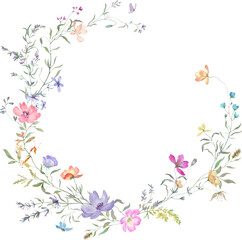 Watercolor floral wreath with delicate colorful wildflowers. Hand drawn illustration. vector EPS.