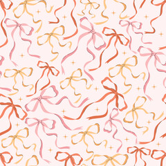 Seamless pattern with pink, red, and yellow bows and sparkles. Cute and festive background perfect for wrapping paper, textiles, gifts, or Valentine’s Day designs.