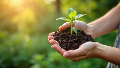 Hands hold small seedling plant with soil. Green leaf growing in soil, eco, environment concept. Young sprout life, new beginnings, gardening, eco friendly.