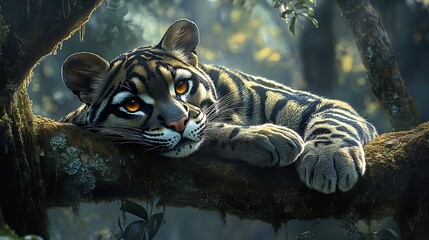 Striking clouded leopard resting on a moss covered tree branch piercing amber eyes glowing in the dim rainforest light hyper detailed fur patterns