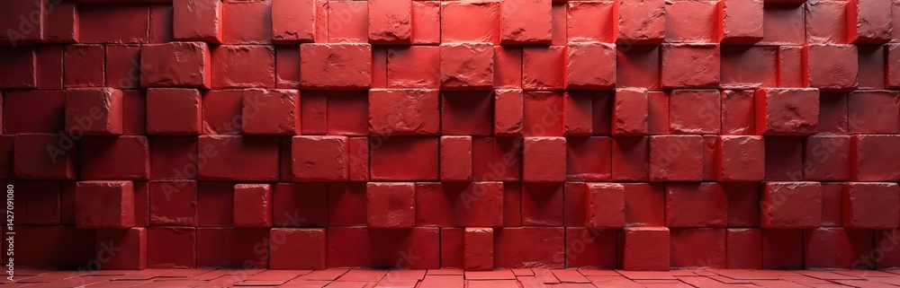 Poster red brick wall 3d abstract background. geometric squares create textured surface. modern structured 