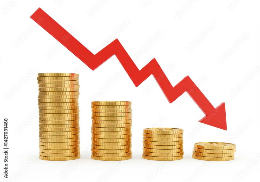 Poster declining stacks of gold coins with a downward pointing red arrow isolated on white background