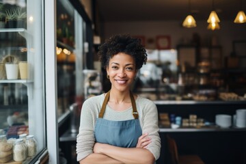 portrait of a small business owner standing proudly in front of her shop