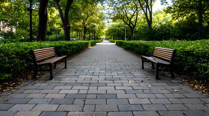Park Path Lined With Trees And Benches