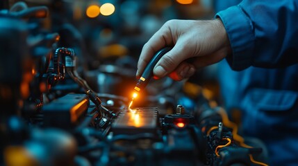 Natural light photograph of mechanic working on a battery and charging system in an outdoor repair environment