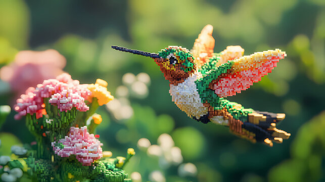 3d pixel art hummingbird in a flower garden - a digital illustration of a hummingbird as an athlete in a sports competition. Voxel Flower. Illustration