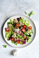 Fresh vegetable salad with tuna on a plate . Top view with copy space.