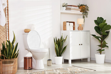 Ceramic toilet bowl, houseplants and necessities in restroom