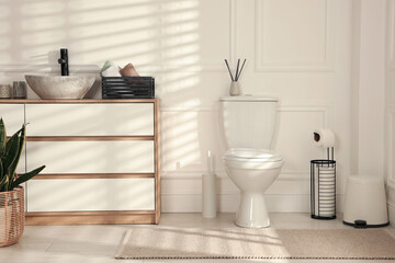 Ceramic toilet bowl, houseplant and necessities in restroom