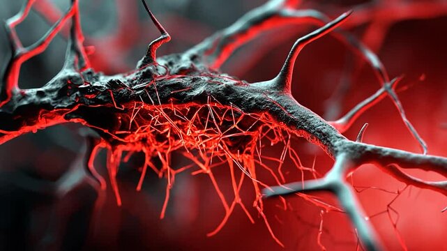 Close-up of intricate neural structures illuminated in red, showcasing detailed textures and connections
