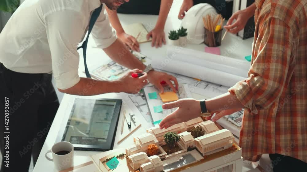 Poster smart architect or civil engineer writing building structure idea on note and stick on blueprint. ae