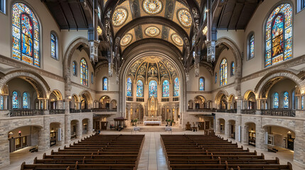 Obraz premium Grand Interior Of A Church With Stained Glass Windows And Wooden Pew