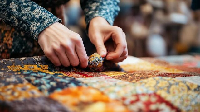 Crafting Heritage: Close-up of woman's hands sewing a colorful vintage quilt with floral pattern
