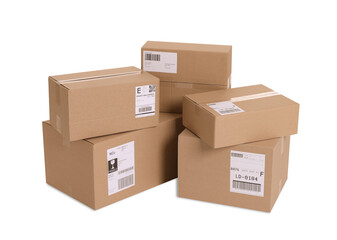 Many parcels with shipment labels isolated on white