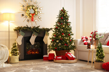 Cozy spacious room decorated for Christmas. Festive interior design