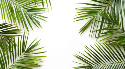 Fototapeta premium Lush green palm fronds create a natural border against a clean white background, evoking tropical vibes and summery feelings for design or decoration use.