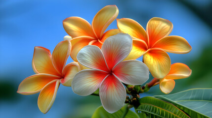 Fototapeta premium Closeup Of Vibrant Orange And White Frangipani Flowers