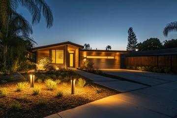 Elegant nighttime front yard featuring led garden lights and bollard lamps with home backdrop
