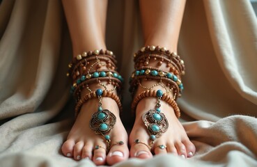 Woman feet decorated with intricate anklets, toe rings. Wooden beads, turquoise, elegant boho style. White pedicure, female legs. Beauty, fashion, summer, wedding, vacation, holiday.