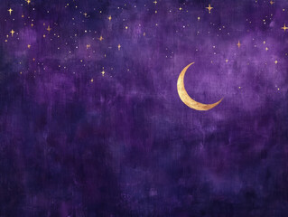 Fototapeta premium Purple night sky with crescent moon and twinkling stars