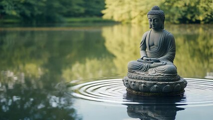 Zen Garden: Peaceful Buddha statue on a tranquil lake creating a sense of serenity