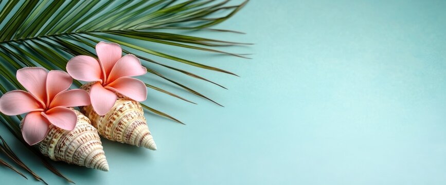 Tropical seashell accompanied by plumeria flowers, ideal for beach-themed designs, travel blogs, spa websites, summer event promotions, and relaxation-focused content marketing