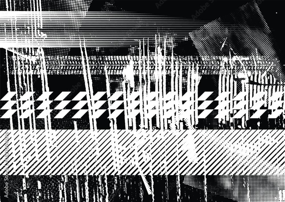 Poster Glitch distorted grunge layer . Noise destroyed texture. Checkered race grunge flag . Overlay grunge texture .Distressed effect .Vector shapes with a speed lines and tire tracks screen print texture.