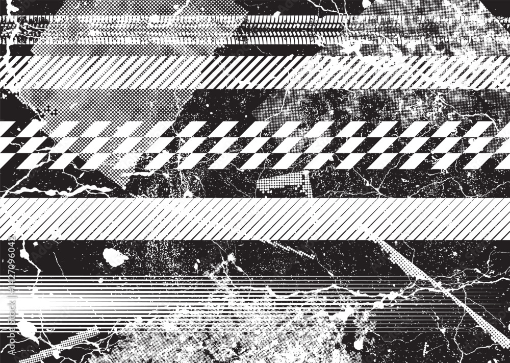 Aufkleber Glitch distorted grunge layer . Noise destroyed texture. Checkered race grunge flag . Overlay grunge texture .Distressed effect .Vector shapes with a speed lines and tire tracks screen print texture.