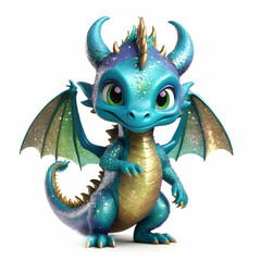 Obraz premium Blue cute baby dragon with glitter and sparkle on the scales, with big eyes and horns, wings spreading delicately, revealing shimmering scales against soft gray backdrop