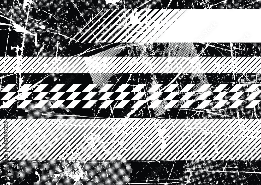 Poster Glitch distorted grunge layer . Noise destroyed texture. Checkered race grunge flag . Overlay grunge texture .Distressed effect .Vector shapes with a speed lines and tire tracks screen print texture.