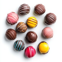 Assorted colorful chocolate truffles arranged in a circle