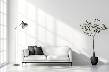 White sofa, black floor lamp and potted branch against white wall with copy space. Scandinavian and minimalist home interior design for a contemporary living room.