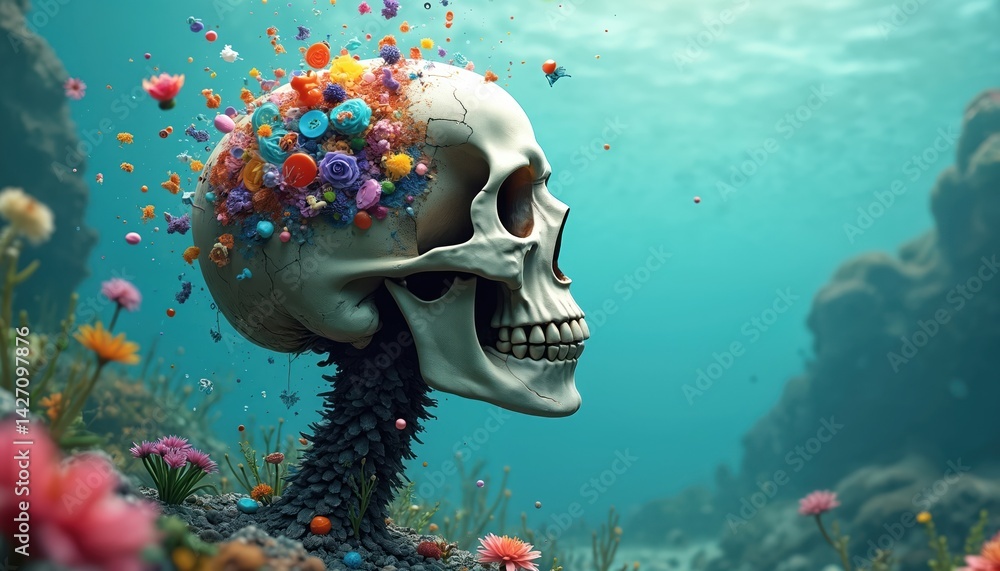 Poster skull with colorful objects concept of nano plastic pollution, environmental issues. digital illustr