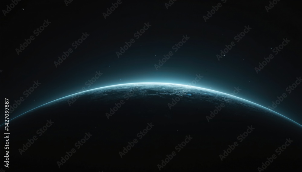 Aufkleber illustration of mysterious dark planet with glowing horizon. cosmic landscape with celestial objects