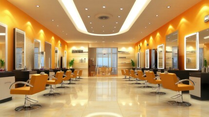 Modern hair salon interior design with warm lighting and stylish seating.