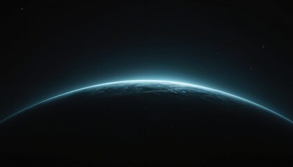 Fototapeta premium Illustration of mysterious dark planet with glowing horizon. Cosmic landscape with celestial objects like stars in the dark sky. Concept of alien world with a light. Space illustration concept.