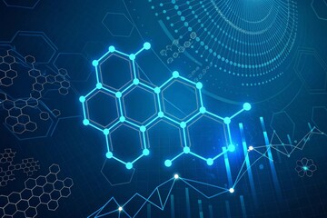 Obraz premium Stylized digital illustration showcasing a molecular structure with intricate lines and data visualization elements in a blue color scheme