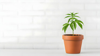 Obraz premium Small Plant In Terracotta Pot Against White Brick Wall