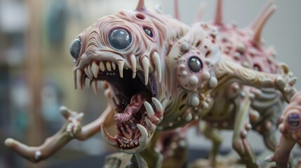 Fototapeta premium Creepy looking monster with a mouth open and teeth showing