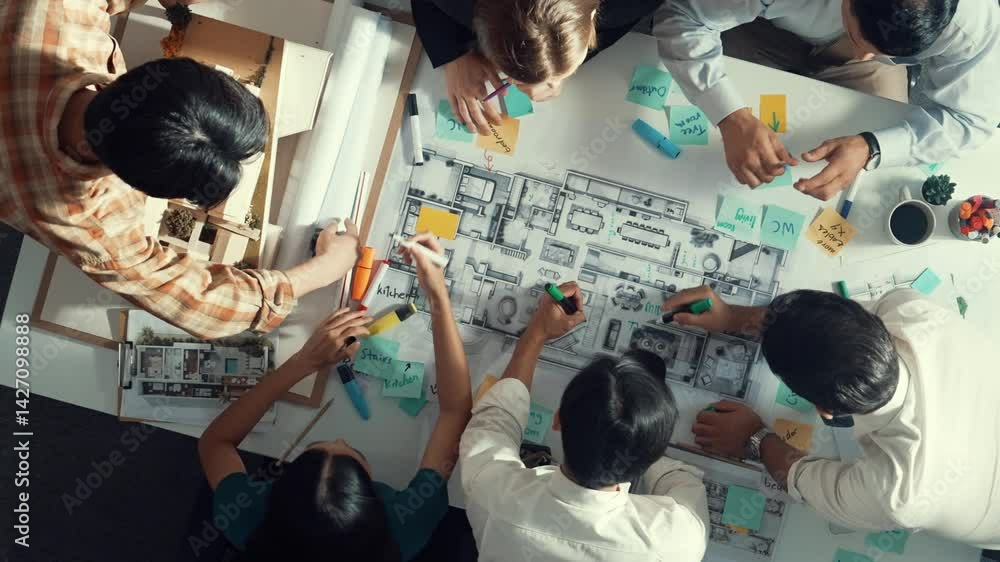 Poster top aerial view of project manager or civil engineer writing at blueprint and planning building desi