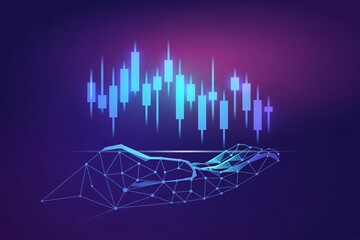 Naklejka premium Polygonal Wireframe Hand Holding Digital Candlestick Charts – Abstract Financial Technology Concept