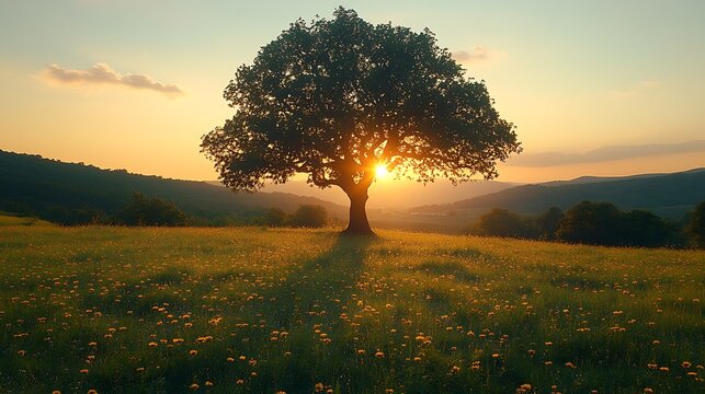 Field tree lone oak sunrise high resolution hd image