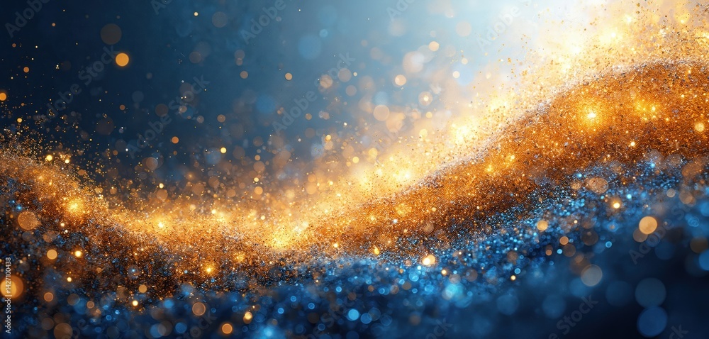 Poster abstract digital art background. gold, blue sparkling glitter texture with bokeh effect. festive des