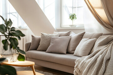 Cozy sofa in studio apartment in penthouse. Scandinavian mid-century home interior design for a modern living room.